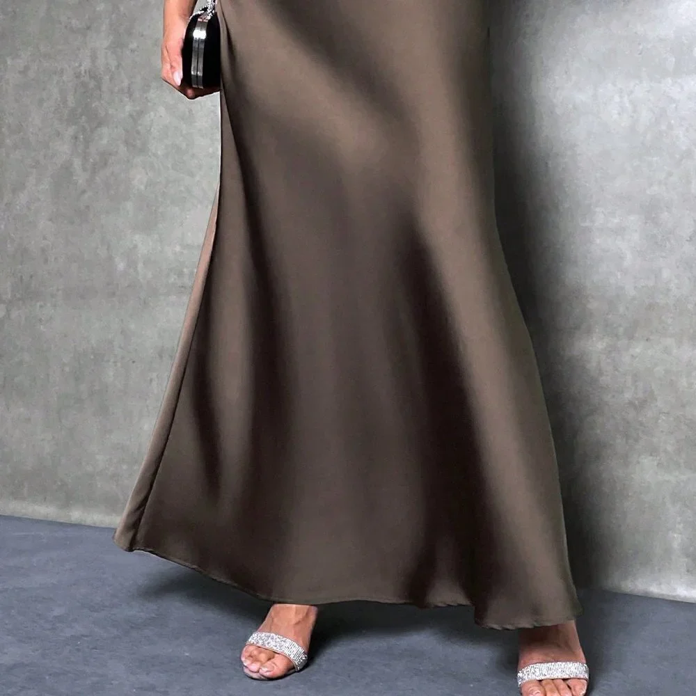 Brown Casual Womens Solid Maxi Satin Skirt